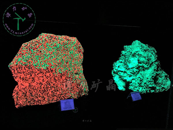 短波紫外燈：硅鋅礦（左），玉滴石（右）